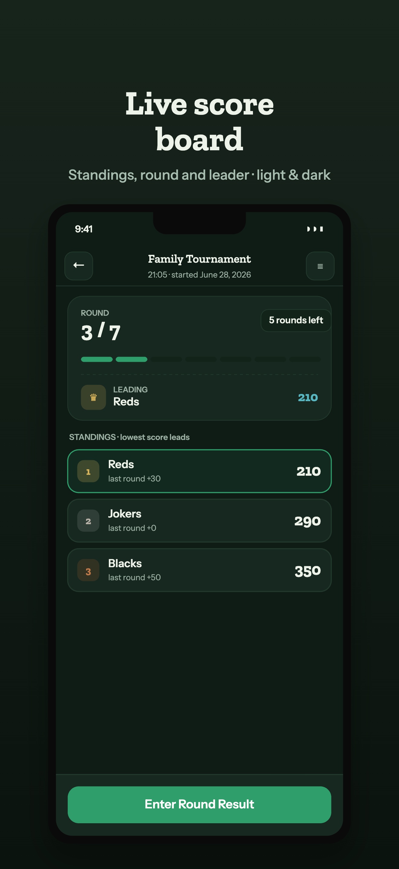 Live scoreboard in dark theme